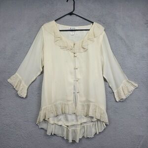 Vintage Papillon Top Womens S Cream Embroidered Boho Ruffle Romantic Cottagecore